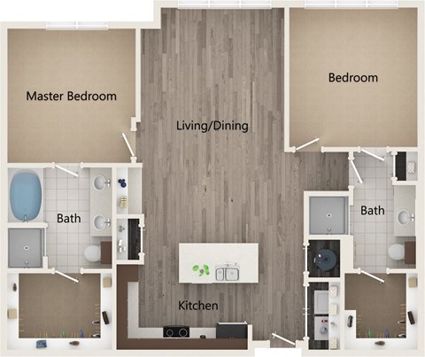 A floor plan of a house showing a kitchen, two bathrooms, a living/dining area, and two bedrooms.